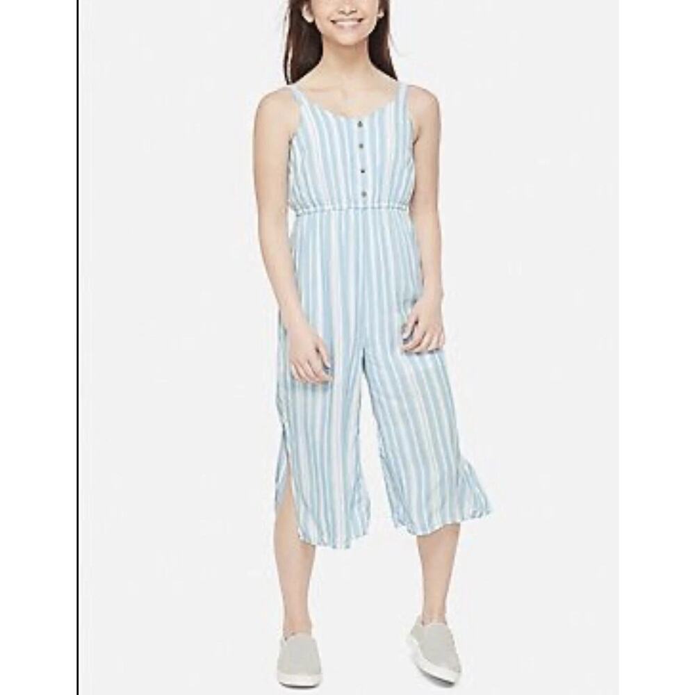 Justice Blue White Striped Quarter Button Jumpsuit